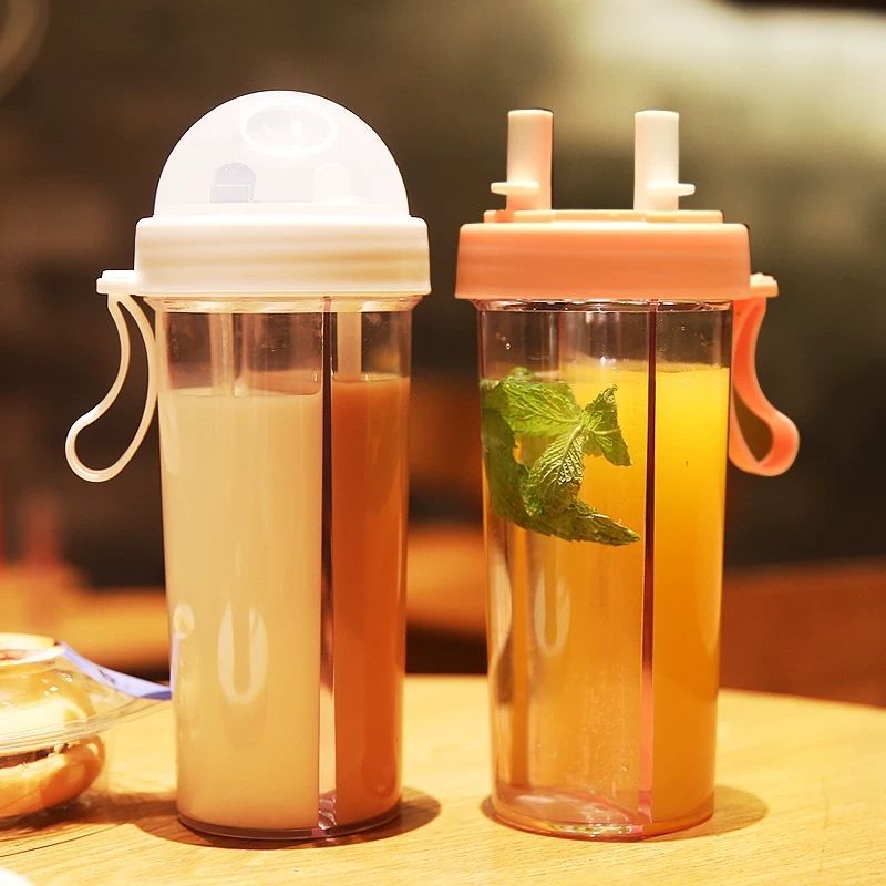 Double Sided Water Plastic Bottle With Dual Straw