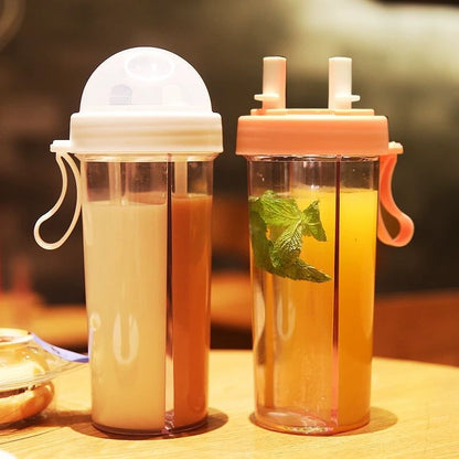 Double Sided Water Plastic Bottle With Dual Straw