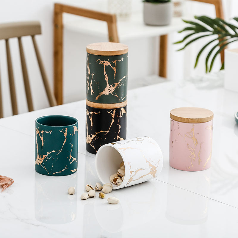 Ceramic Tea Coffee Sugar Canisters & Jars With Bamboo LId