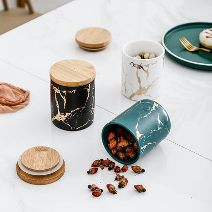 Ceramic Tea Coffee Sugar Canisters & Jars With Bamboo LId